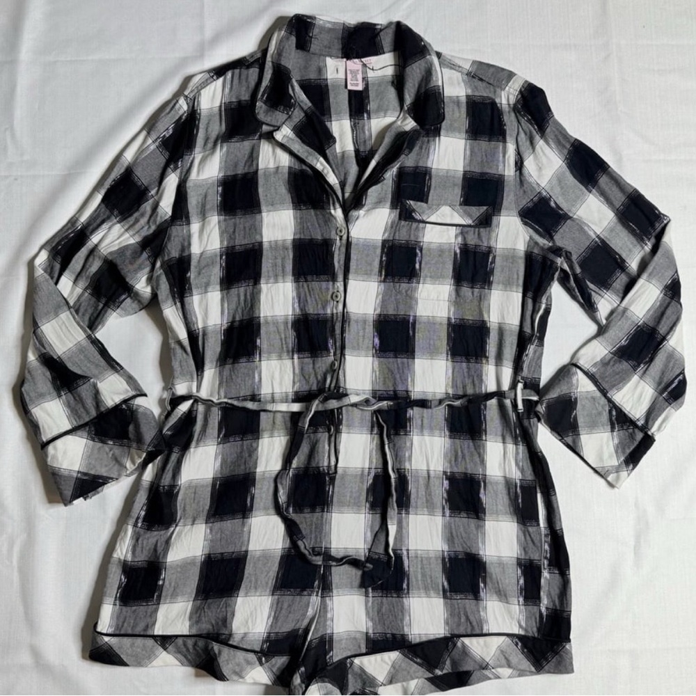 Victoria Secret Womens Pajamas Black Buffalo Plaid Jumper Romper Sz: XL